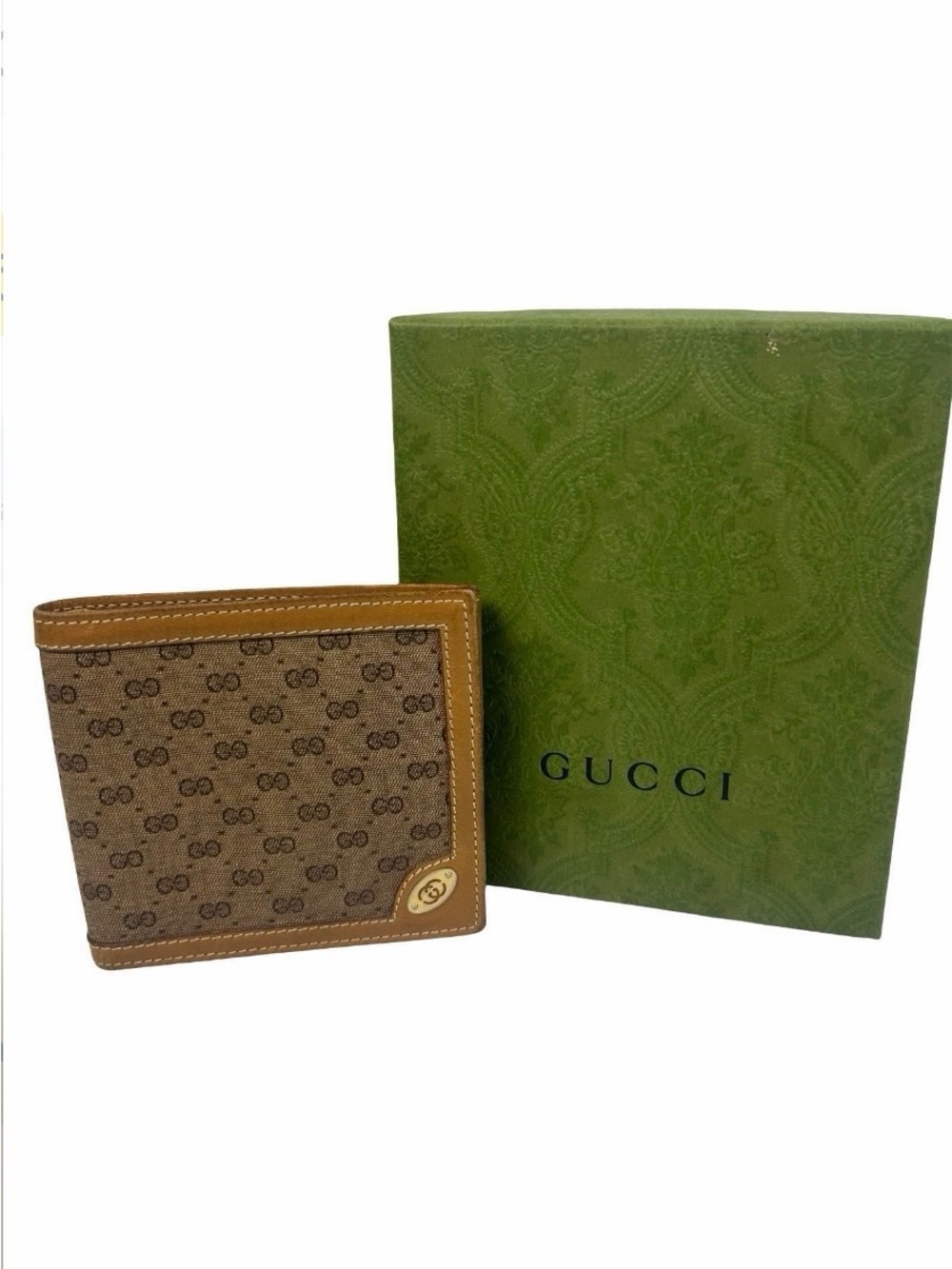 Gucci Brown GG Canvas Wallet with Tan Leather Trim and Gold Logo